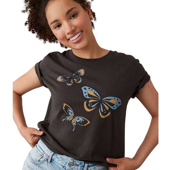 American Eagle S Grey Butterfly Graphic Rolled Short Sleeve Crew Tshirt - Picture 1 of 7